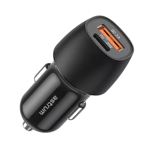 4895205311916 Astrum PRO GO PD20 autós szivar gyorstöltő 1X USB (18W), 1X Type-C (20W) csatlakozóval fekete