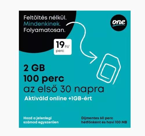 5999539967524 One aktiválatlan sim kártya 2GB(+1GB) adat és 100 perc kiinduló kerettel