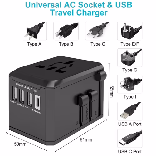 Utazó töltő átalakító, 2000 W, 3,6 V gyorstöltés, 3 x USB-port, 1 x Type-C, 1 x USA/UK/EU/AUS/ASIA